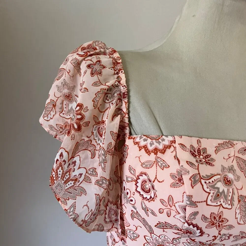 NWT Pink Floral Print Puff Sleeve Cottage Core Bridesmaid Wedding Guest Dress 6 - Picture 5 of 9